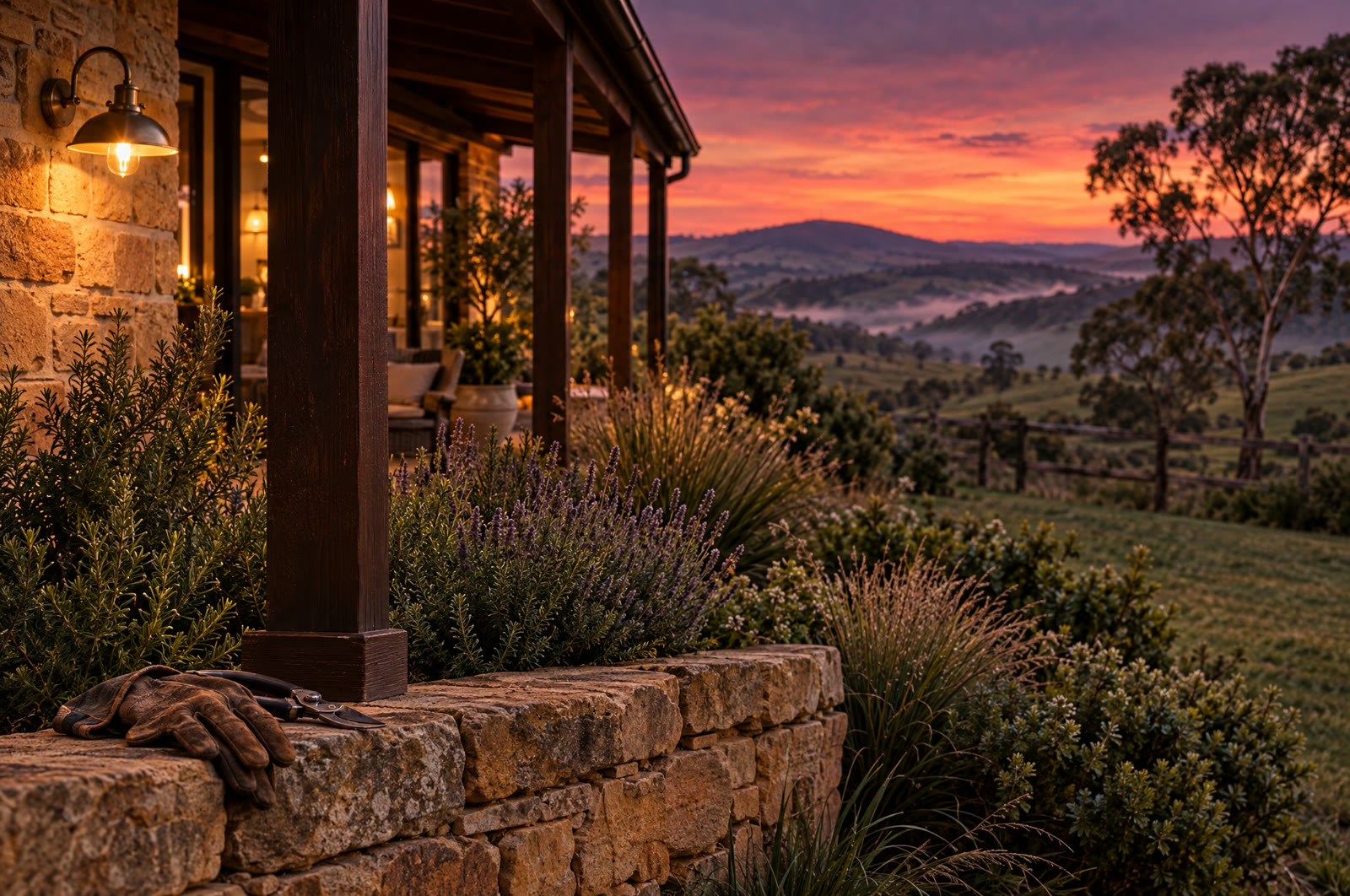 Gardening gloves resting on a sandstone wall beside a lavender bed and a timber verandah post at dusk