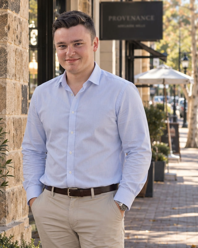 Tom Adams, Director and Property Advisor at Residia, standing on a sunlit Adelaide Hills main street