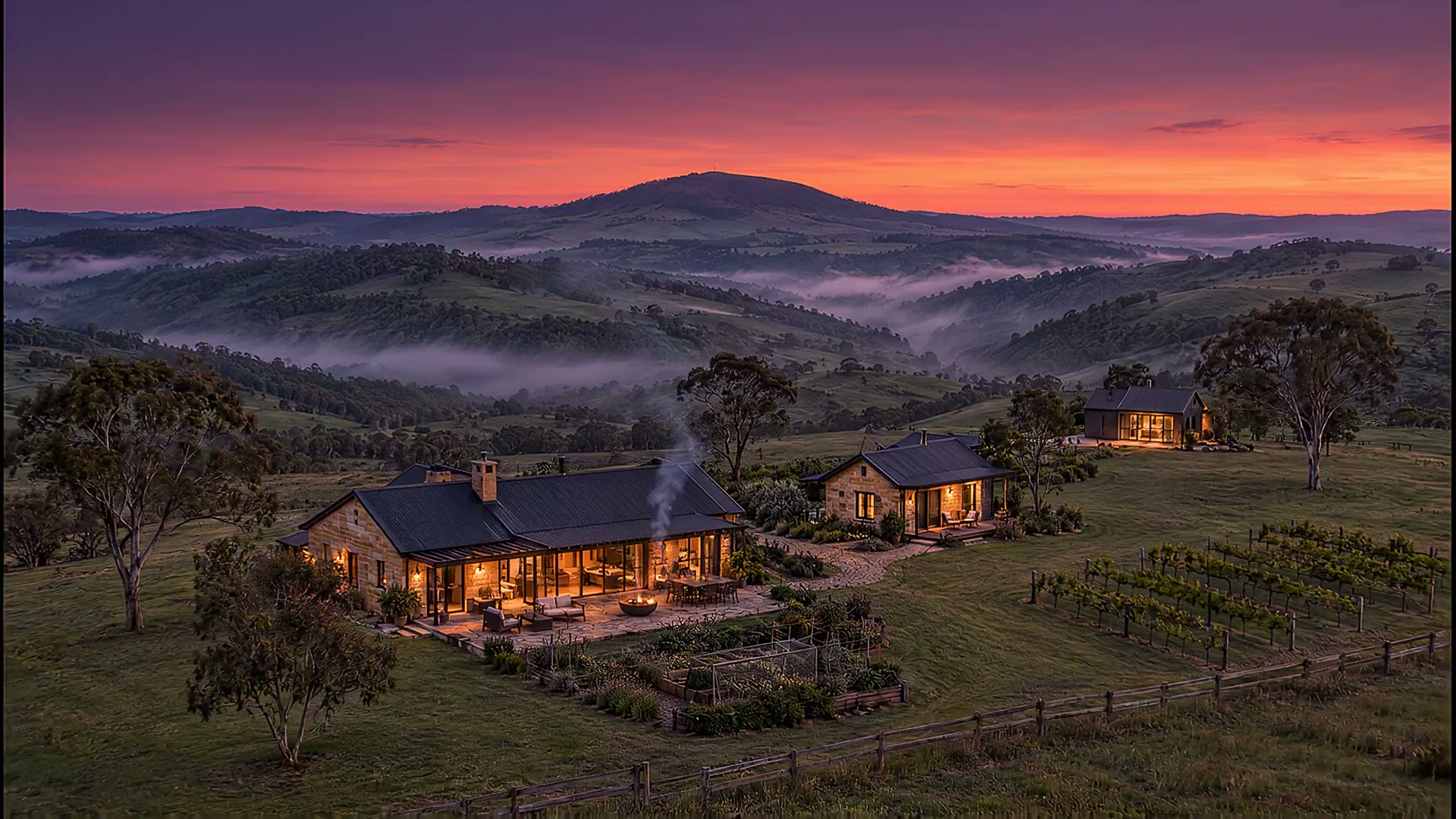 A well-kept Adelaide Hills acreage at dusk with a sandstone home, cottage, garden and vines
