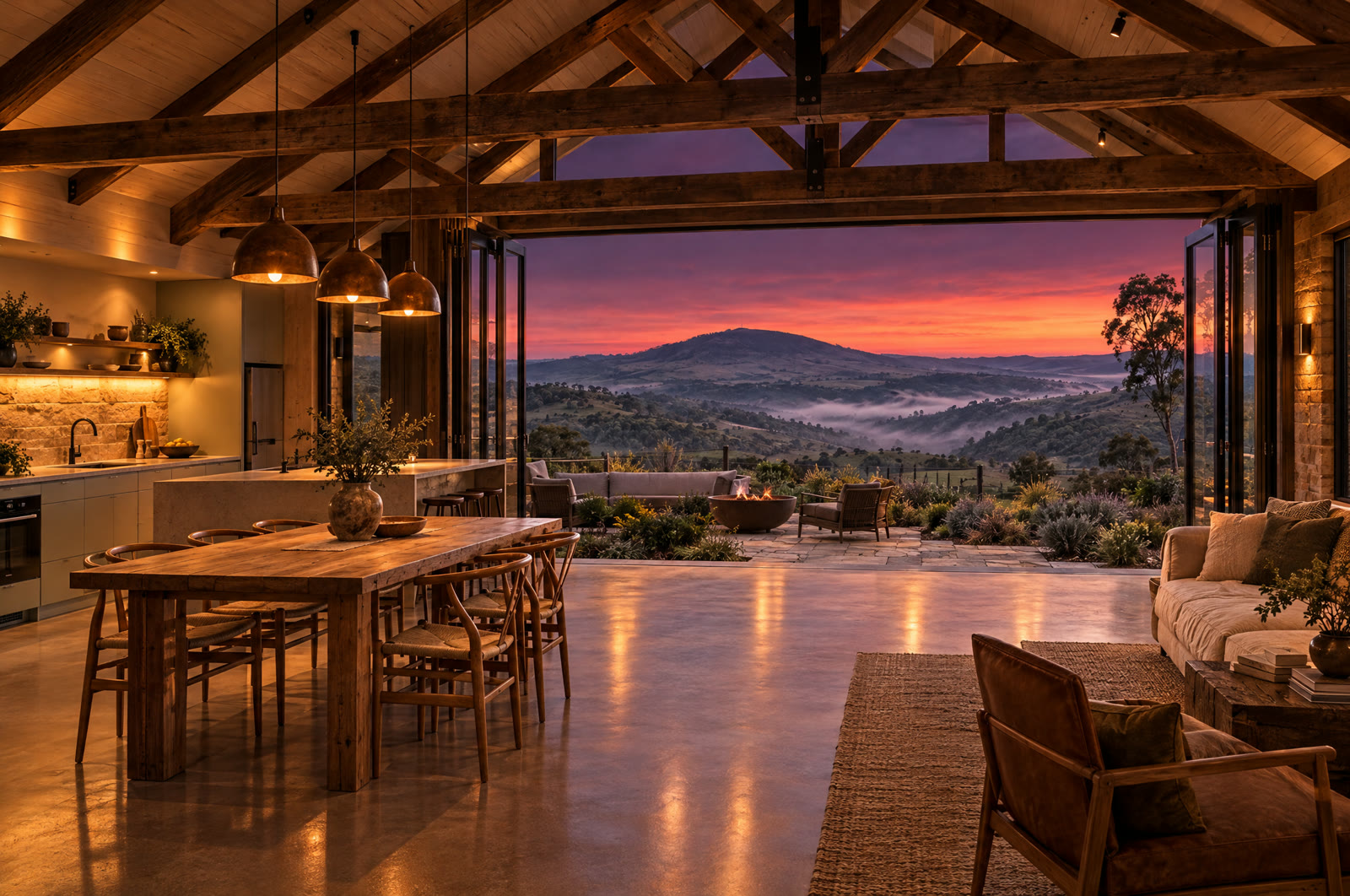 A renovated barn studio with timber trusses and glass doors open to the Adelaide Hills at dusk