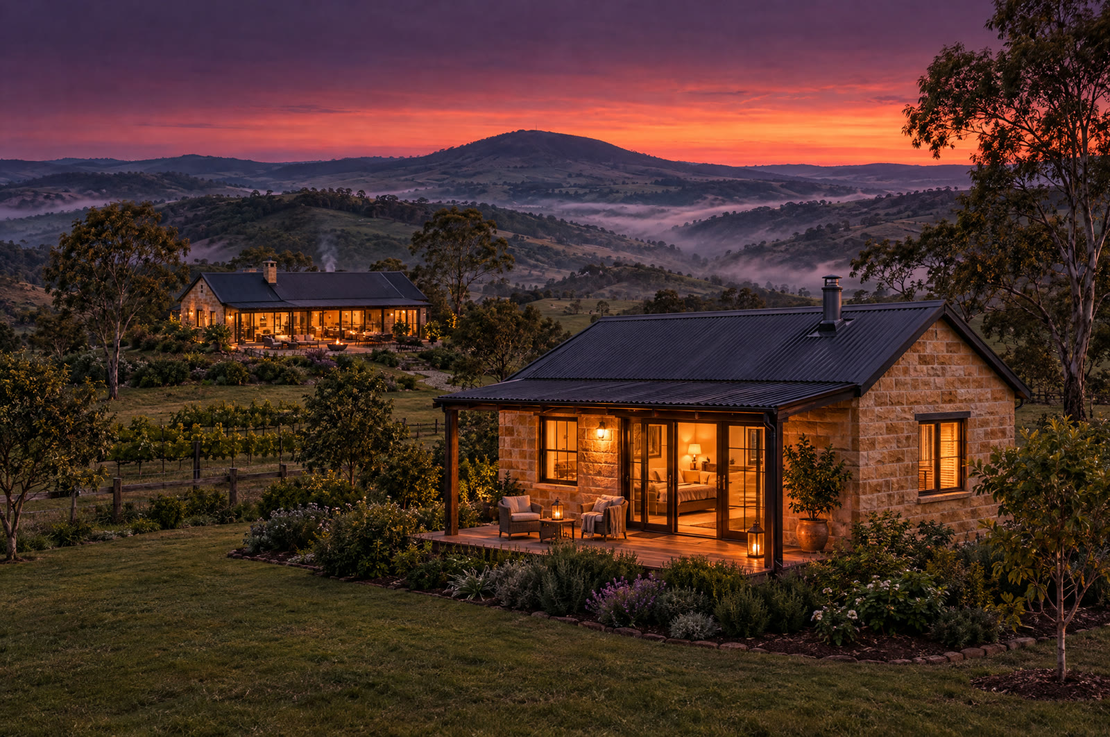 A self-contained sandstone cottage with a lit deck on an Adelaide Hills acreage, the main home glowing behind it